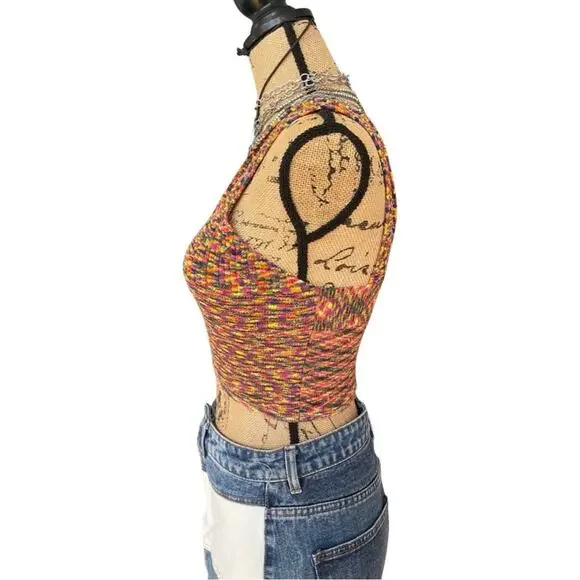 CIDER knitted crop top stretchy ribbed sleeveless sweater v-neck small - Picture 2 of 8